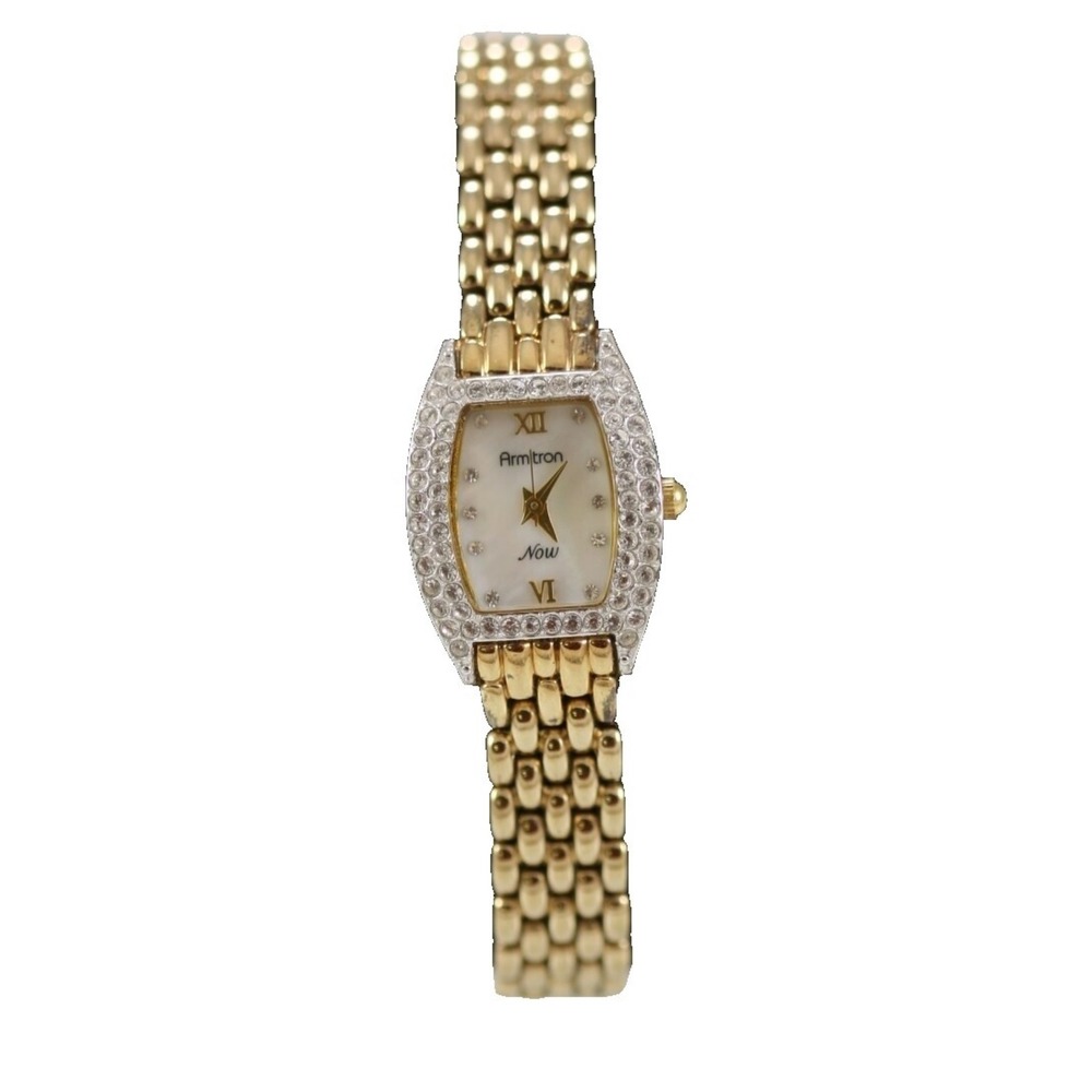 Armitron Gold Tone Womens Watch Rhinestone Bezel Mother of Pearl Style Dial